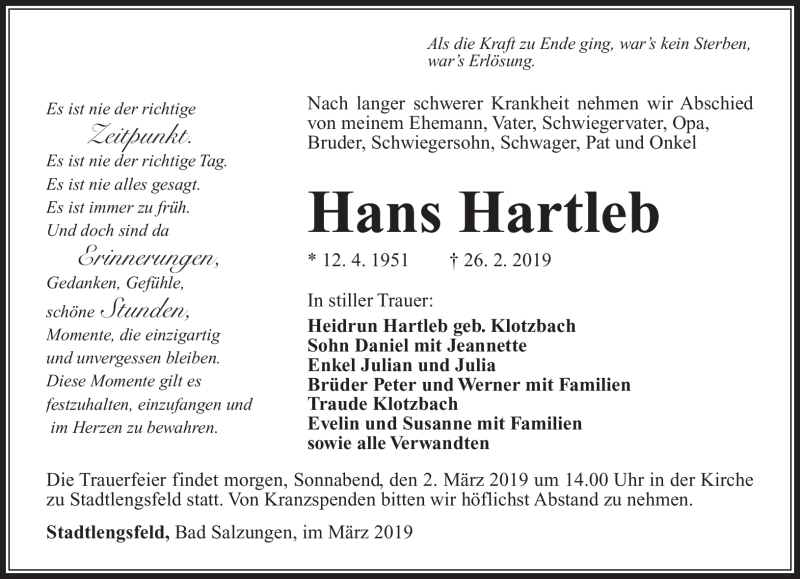  Traueranzeige für Hans Hartleb vom 01.03.2019 aus Südthüringer Presse