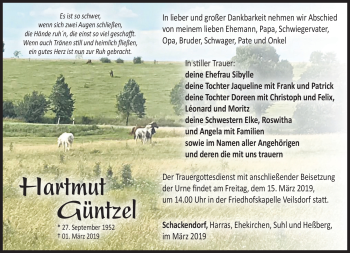 Traueranzeige von Hartmut Güntzel von Südthüringer Presse