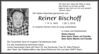 Traueranzeige von Reiner Bischoff von Frankenpost