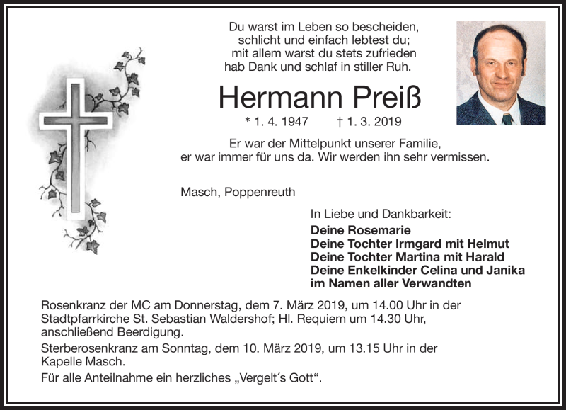  Traueranzeige für Hermann Preiß vom 05.03.2019 aus Frankenpost