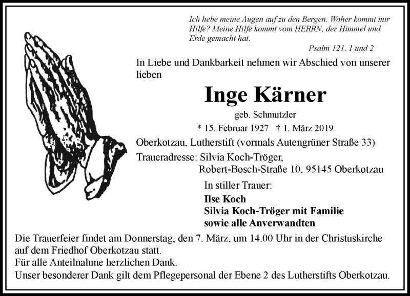  Traueranzeige für Inge Kärner vom 05.03.2019 aus Frankenpost