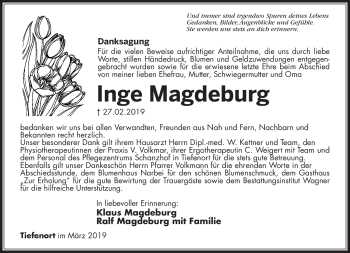 Traueranzeige von Inge Magdeburg von Südthüringer Presse
