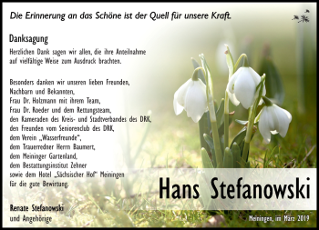 Traueranzeige von Hans Stefanowski von Südthüringer Presse