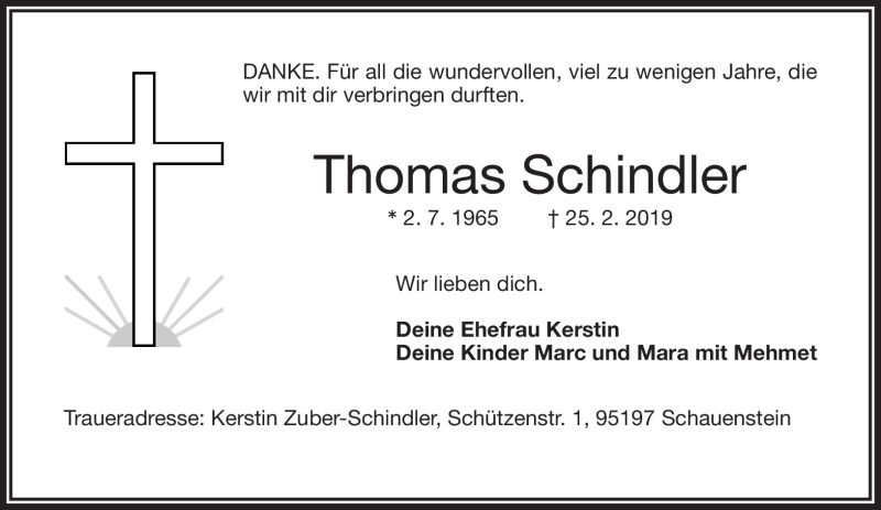  Traueranzeige für Thomas Schindler vom 16.03.2019 aus Frankenpost