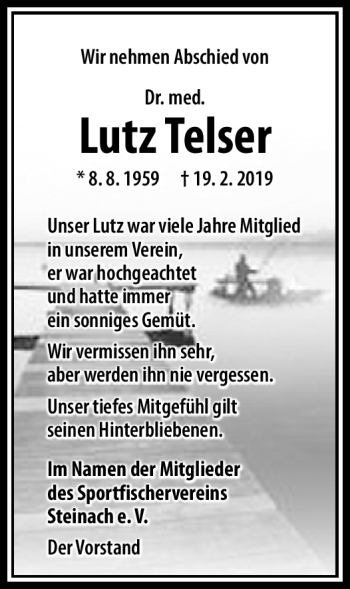 Traueranzeige von Lutz Telser von Südthüringer Presse