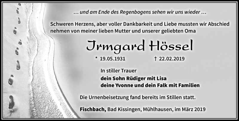 Traueranzeige für Irmgard Hössel vom 09.03.2019 aus Südthüringer Presse