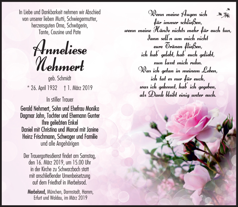  Traueranzeige für Anneliese Nehmert vom 13.03.2019 aus Südthüringer Presse