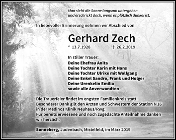 Traueranzeige von Gerhard Zech von Südthüringer Presse