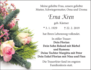 Traueranzeige von Erna Kren von Frankenpost