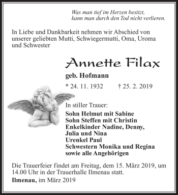Traueranzeige von Annette Filax von Südthüringer Presse