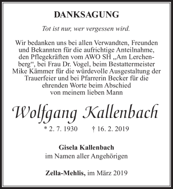 Traueranzeige von Wolfgang Kallenbach von Südthüringer Presse