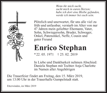 Traueranzeige von Enrico Stephan von Südthüringer Presse