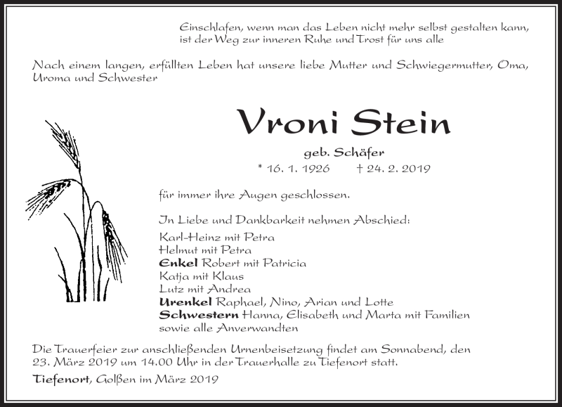  Traueranzeige für Vroni Stein vom 20.03.2019 aus Südthüringer Presse