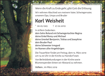 Traueranzeige von Karl Weisheit von Südthüringer Presse