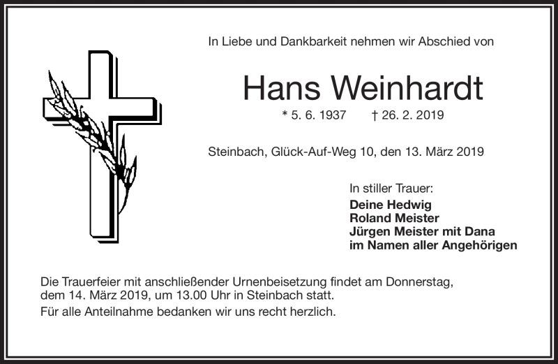  Traueranzeige für Hans Weinhardt vom 13.03.2019 aus Frankenpost
