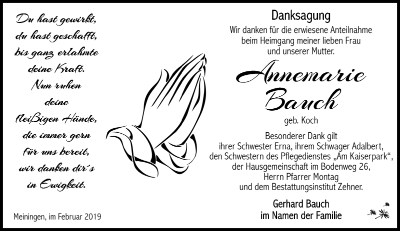  Traueranzeige für Annemarie Bauch vom 02.03.2019 aus Südthüringer Presse