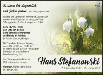 Traueranzeige von Hans Stefanowski von Südthüringer Presse