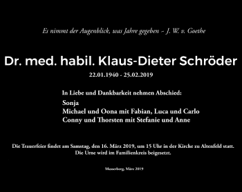 Traueranzeige von Klaus-Dieter Schröder von Südthüringer Presse