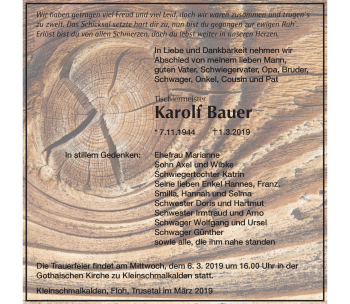 Traueranzeige von Karolf Bauer von Südthüringer Presse
