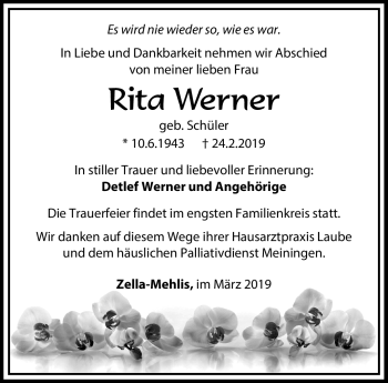 Traueranzeige von Rita Werner von Südthüringer Presse
