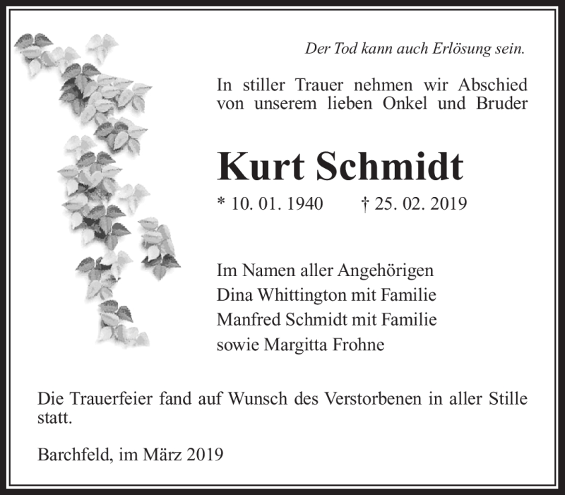  Traueranzeige für Kurt Schmidt vom 02.03.2019 aus Südthüringer Presse