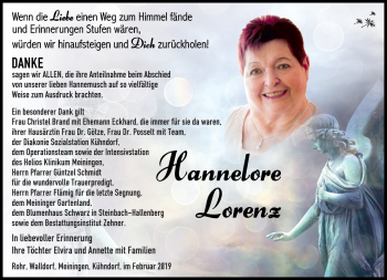 Traueranzeige von Hannelore Lorenz von Südthüringer Presse