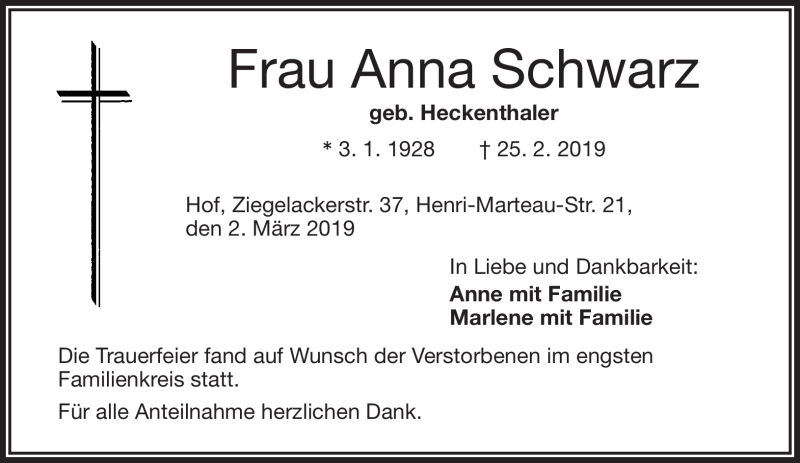  Traueranzeige für Anna Schwarz vom 02.03.2019 aus Frankenpost