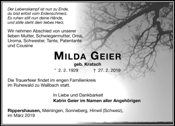 Traueranzeige von Milda Geier von Südthüringer Presse