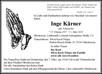 Traueranzeige von Inge Kärner von Frankenpost