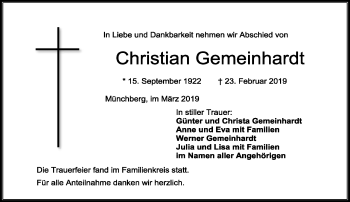 Traueranzeige von Christian Gemeinhardt von Frankenpost