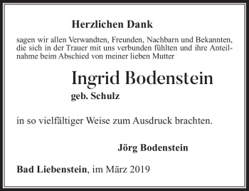 Traueranzeige von Ingrid Bodenstein von Südthüringer Presse