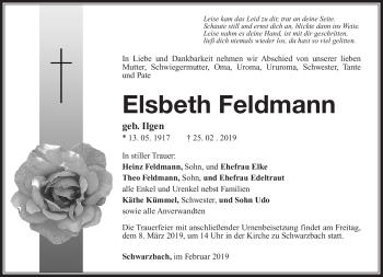 Traueranzeige von Elsbeth Feldmann von Südthüringer Presse