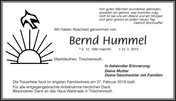 Traueranzeige von Bernd Hummel von Frankenpost