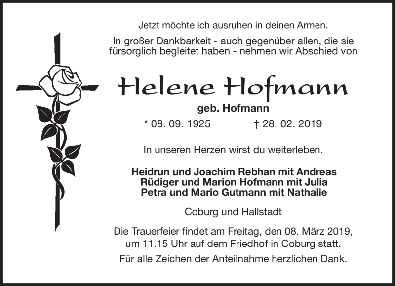  Traueranzeige für Helene Hofmann vom 05.03.2019 aus Neue Presse Coburg