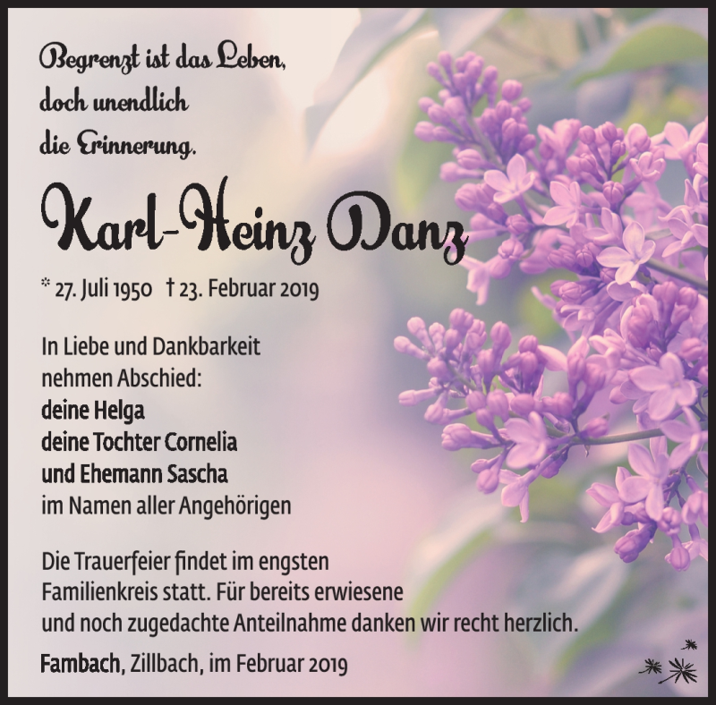  Traueranzeige für Karl-Heinz Danz vom 02.03.2019 aus Südthüringer Presse