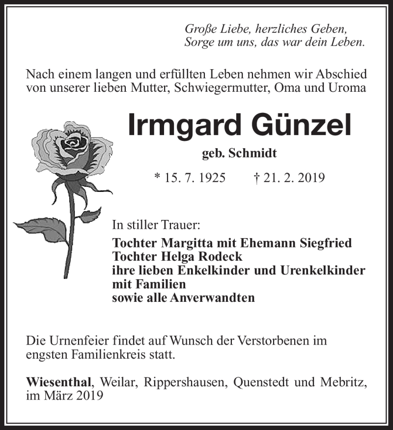  Traueranzeige für Irmgard Wagner vom 13.03.2019 aus Südthüringer Presse