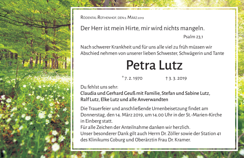  Traueranzeige für Petra Lutz vom 09.03.2019 aus Neue Presse Coburg