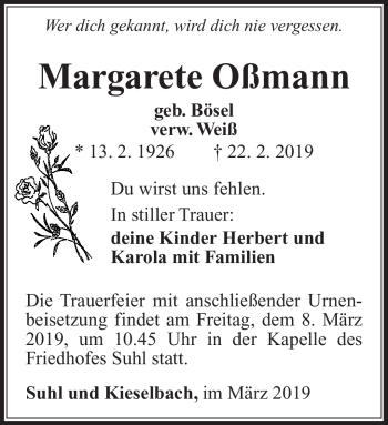 Traueranzeige von Margarete Oßmann von Südthüringer Presse