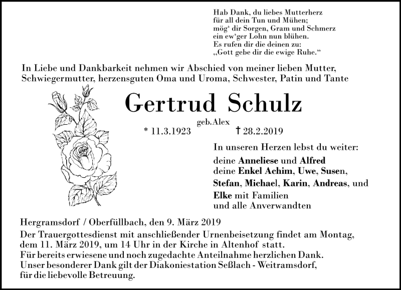  Traueranzeige für Gertrud Schulz vom 09.03.2019 aus Neue Presse Coburg