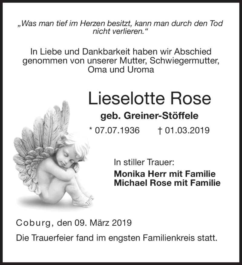  Traueranzeige für Lieselotte Rose vom 09.03.2019 aus Neue Presse Coburg
