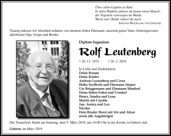 Traueranzeige von Rolf Leutenberg von Südthüringer Presse