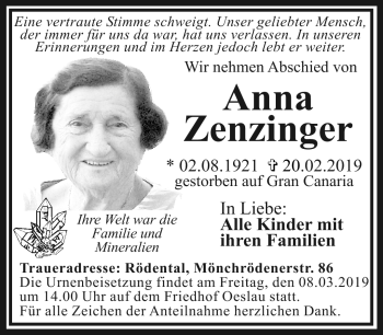 Traueranzeige von Anna Zenzinger von Neue Presse Coburg