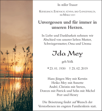 Traueranzeige von Ida Mey von Südthüringer Presse
