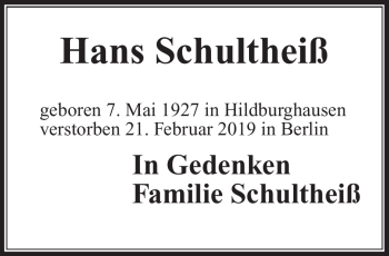 Traueranzeige von Hans Schultheiß von Südthüringer Presse