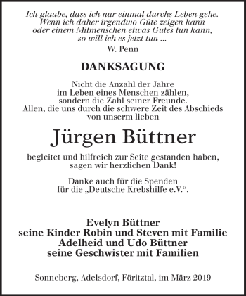 Traueranzeige von Jürgen Büttner von Südthüringer Presse