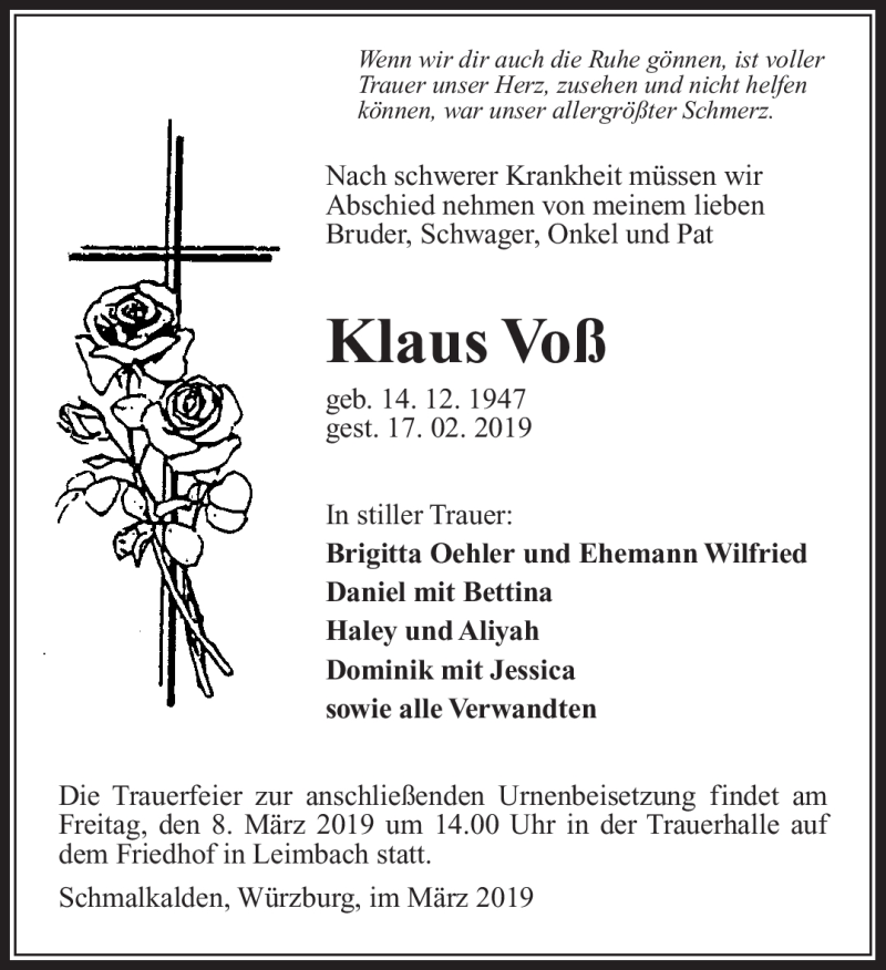  Traueranzeige für Klaus Voß vom 02.03.2019 aus Südthüringer Presse