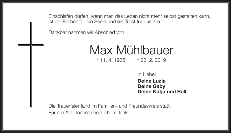  Traueranzeige für Max Mühlbauer vom 09.03.2019 aus Frankenpost
