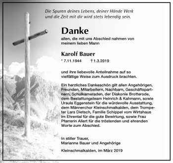 Traueranzeige von Karolf Bauer von Südthüringer Presse