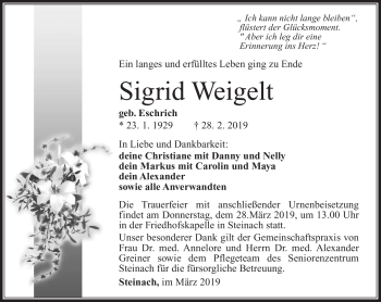 Traueranzeige von Sigrid Weigelt von Südthüringer Presse