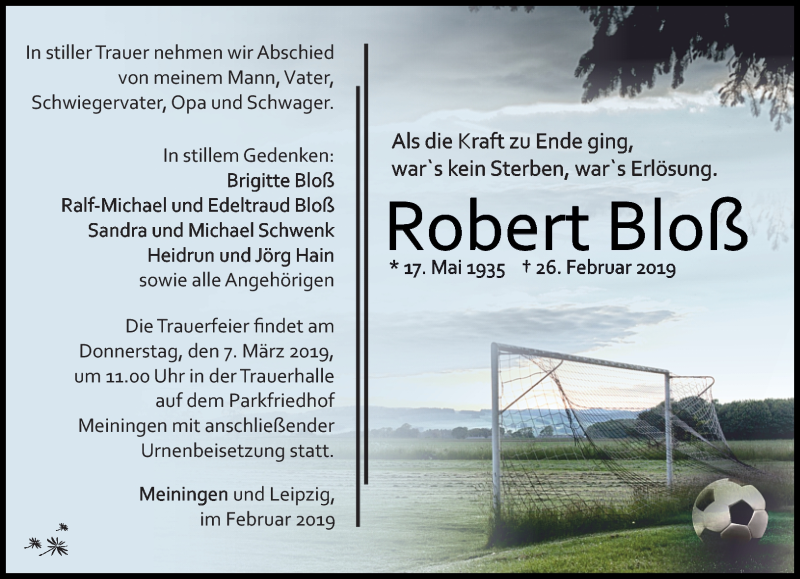  Traueranzeige für Robert Bloß vom 02.03.2019 aus Südthüringer Presse